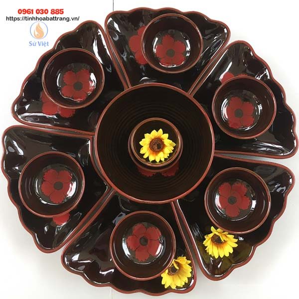 Bộ bát đĩa hoa mặt trời hoa đỏ men đen